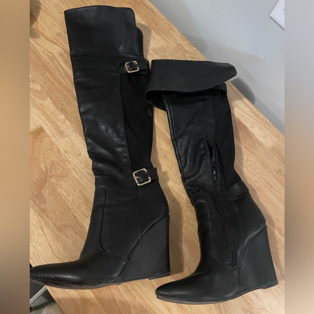 Thigh high wedge boots